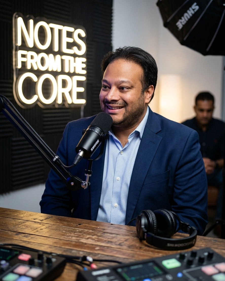 Host in studio with Notes from the Core neon sign